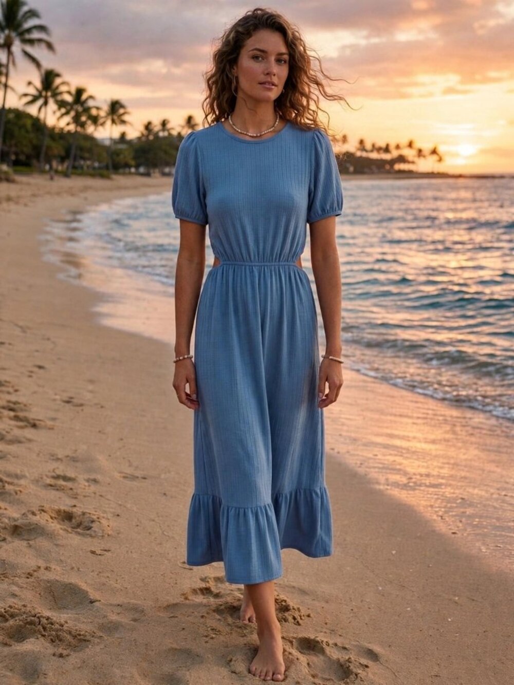 Caution To The Wind Blue Midi Dress Size S Puff Sleeve Tiered Hem Cottagecore